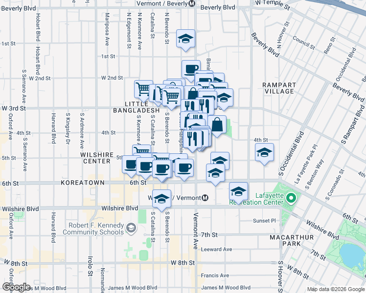 map of restaurants, bars, coffee shops, grocery stores, and more near 432 South New Hampshire Avenue in Los Angeles