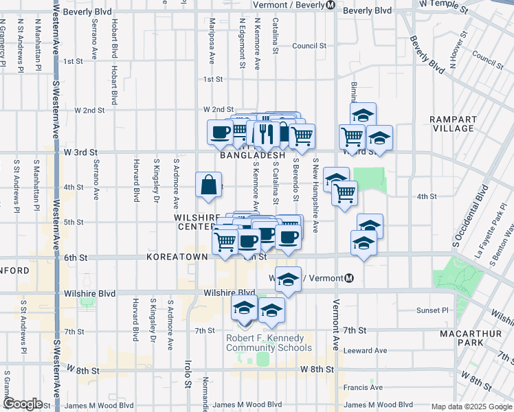 map of restaurants, bars, coffee shops, grocery stores, and more near 425 South Catalina Street in Los Angeles