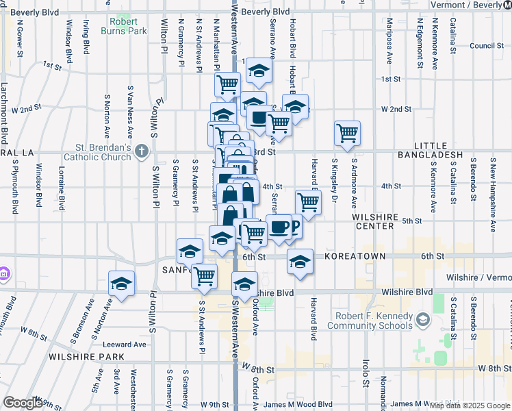 map of restaurants, bars, coffee shops, grocery stores, and more near 415 South Oxford Avenue in Los Angeles