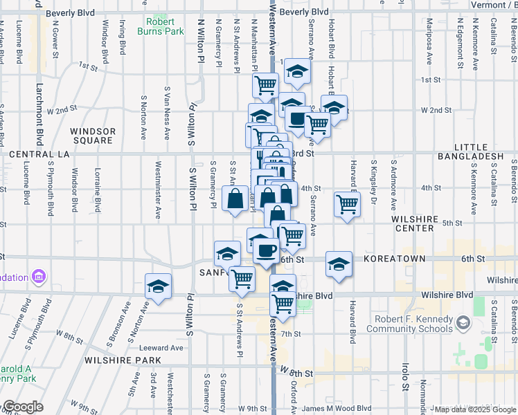 map of restaurants, bars, coffee shops, grocery stores, and more near 450 South Western Avenue in Los Angeles