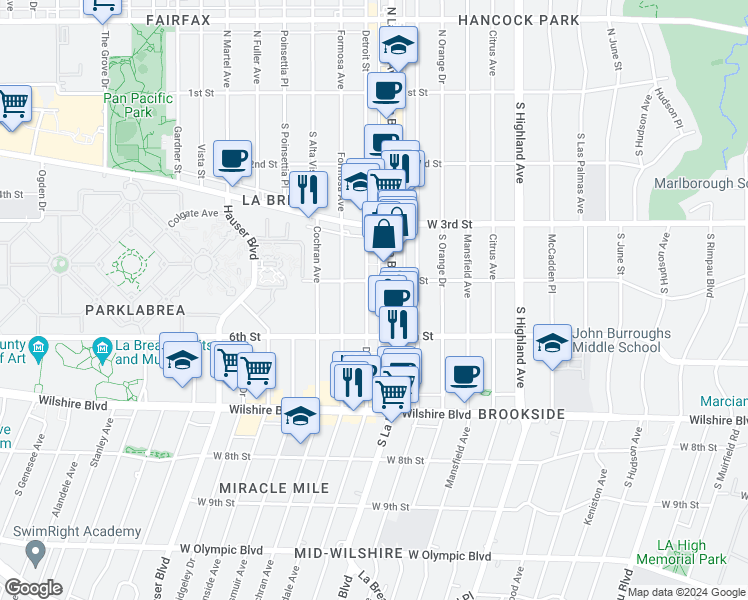 map of restaurants, bars, coffee shops, grocery stores, and more near 415 South Detroit Street in Los Angeles