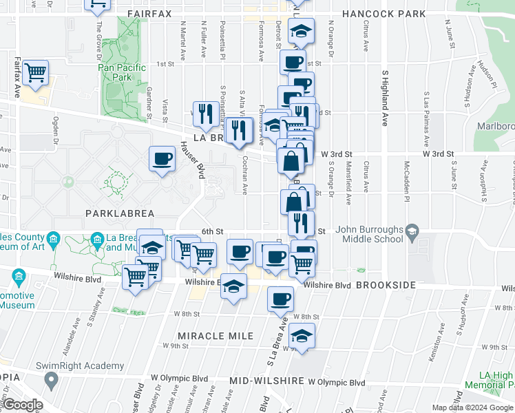 map of restaurants, bars, coffee shops, grocery stores, and more near 408 South Cochran Avenue in Los Angeles