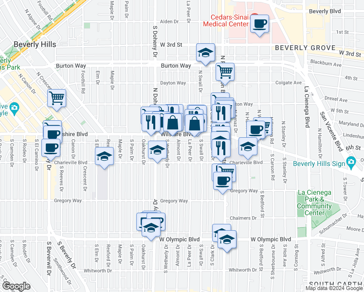 map of restaurants, bars, coffee shops, grocery stores, and more near 120 South Almont Drive in Beverly Hills