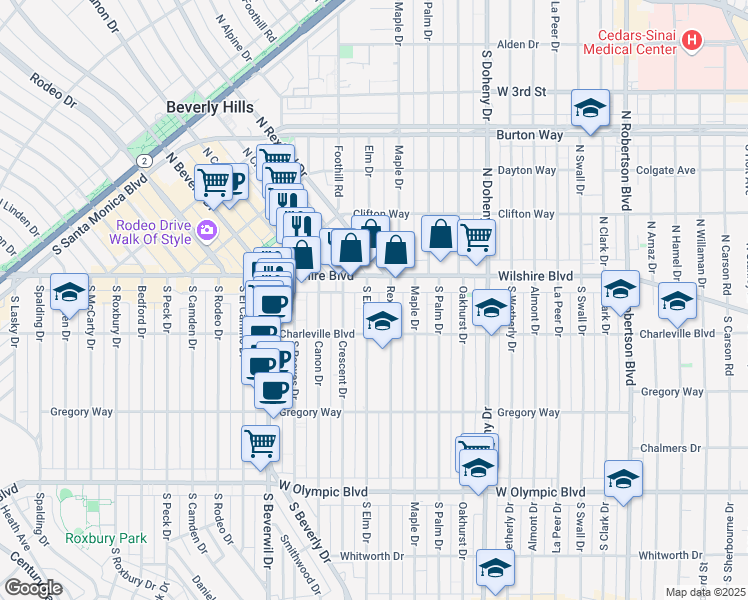 map of restaurants, bars, coffee shops, grocery stores, and more near in Beverly Hills