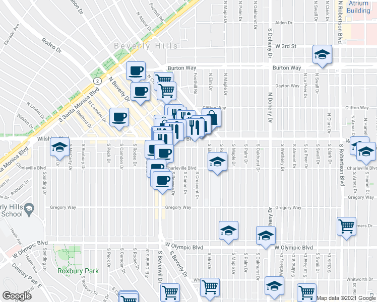 map of restaurants, bars, coffee shops, grocery stores, and more near in Beverly Hills