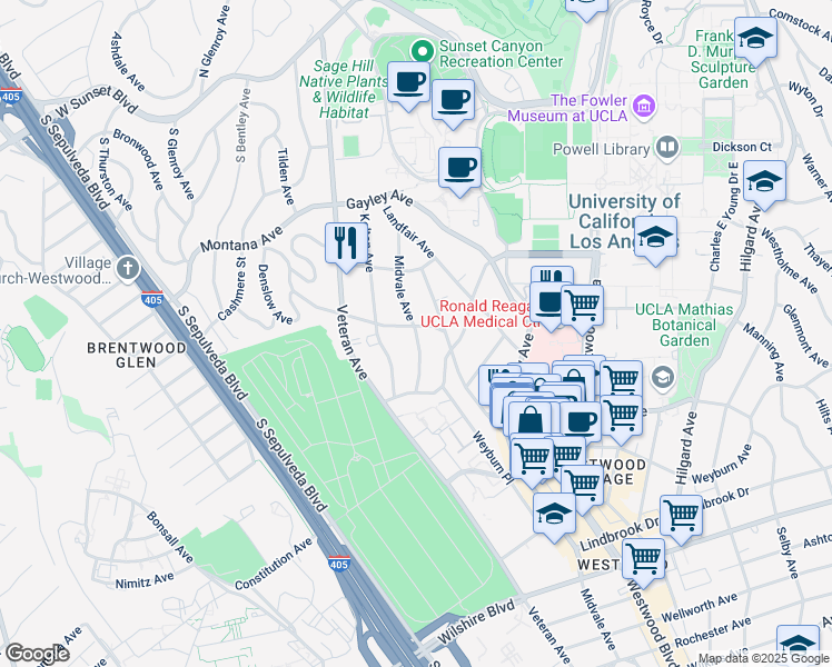 map of restaurants, bars, coffee shops, grocery stores, and more near 632 Levering Avenue in Los Angeles