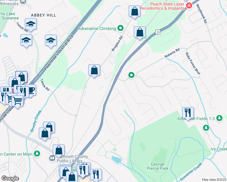 map of restaurants, bars, coffee shops, grocery stores, and more near 4092 Grand Park Drive Northeast in Suwanee