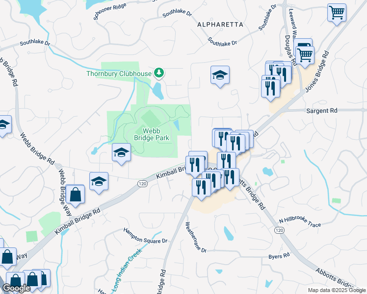 map of restaurants, bars, coffee shops, grocery stores, and more near 5050 Kimball Bridge Road in Alpharetta