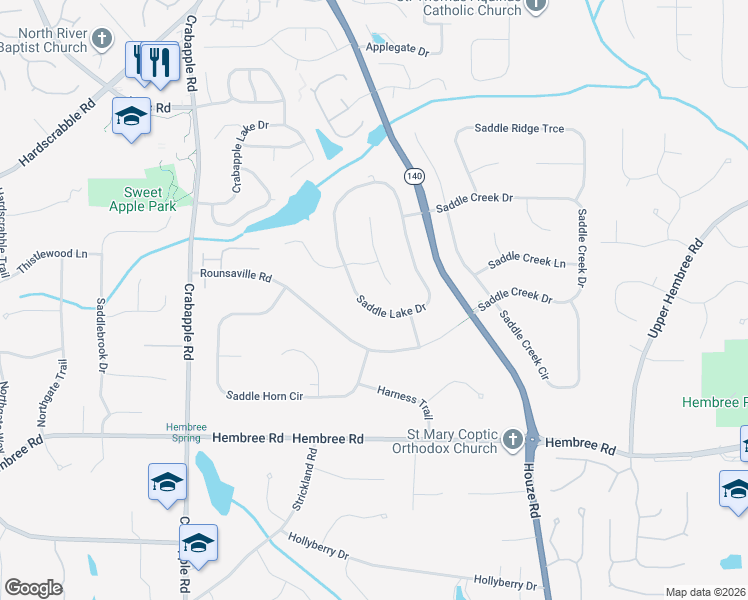 map of restaurants, bars, coffee shops, grocery stores, and more near 370 Saddle Lake Drive in Roswell