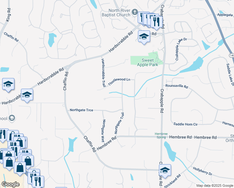 map of restaurants, bars, coffee shops, grocery stores, and more near 115 Beechwood Trail in Roswell
