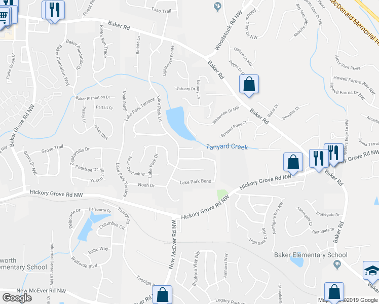 map of restaurants, bars, coffee shops, grocery stores, and more near 3015 Lake Park Court in Acworth