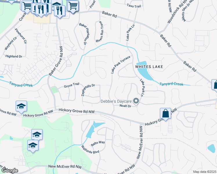 map of restaurants, bars, coffee shops, grocery stores, and more near 4811 Lake Park Terrace in Acworth