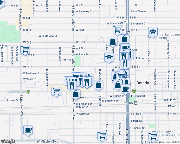 map of restaurants, bars, coffee shops, grocery stores, and more near 535 West D Street in Ontario