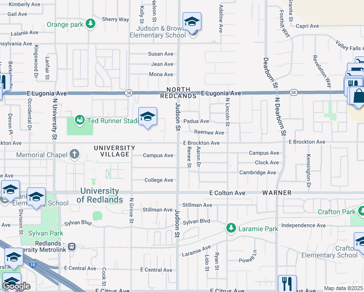 map of restaurants, bars, coffee shops, grocery stores, and more near 1060 Judson Street in Redlands