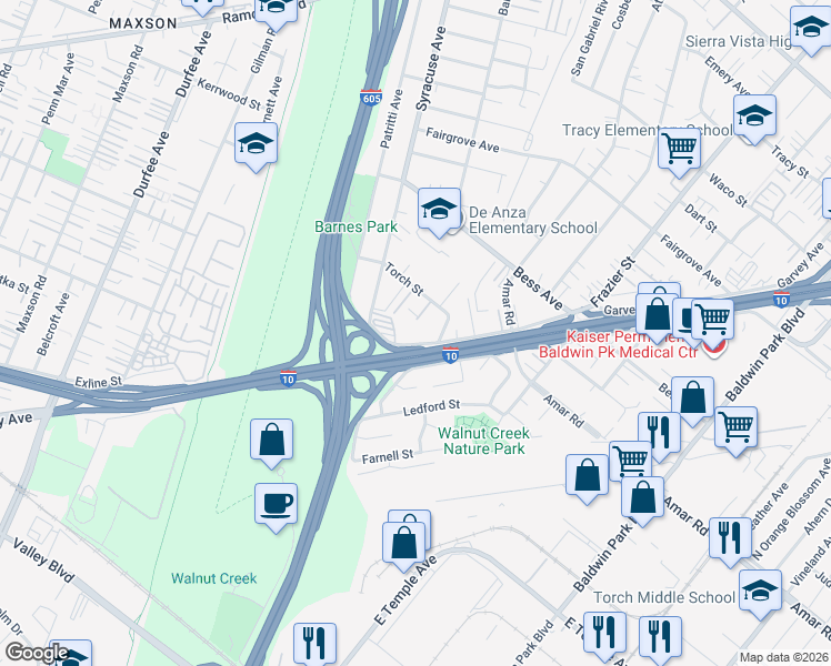 map of restaurants, bars, coffee shops, grocery stores, and more near 12767 Garvey Avenue in Baldwin Park