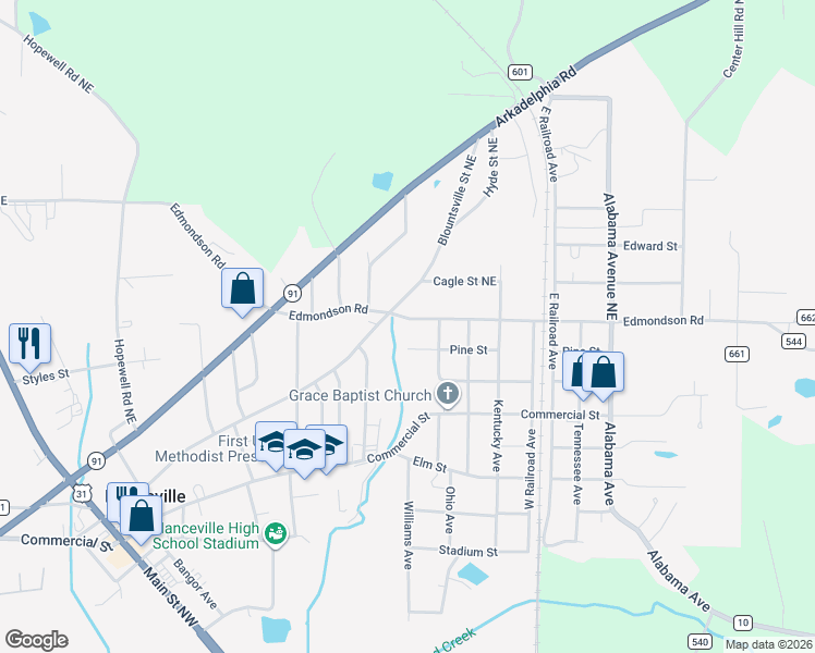 map of restaurants, bars, coffee shops, grocery stores, and more near 1002 Edmondson Road in Hanceville