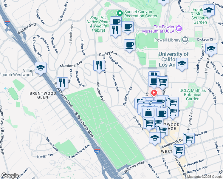 map of restaurants, bars, coffee shops, grocery stores, and more near 611 Levering Avenue in Los Angeles