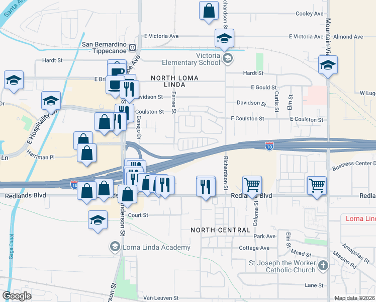 map of restaurants, bars, coffee shops, grocery stores, and more near 1441 Laurelwood Drive in San Bernardino