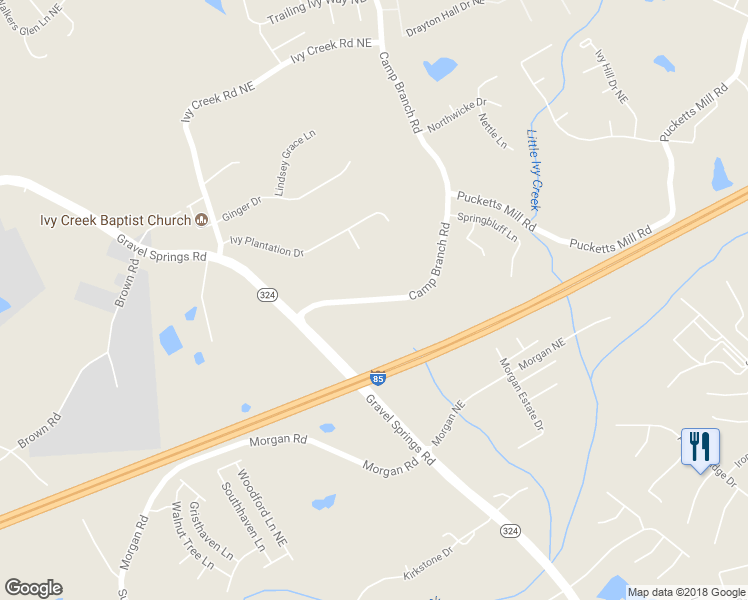 map of restaurants, bars, coffee shops, grocery stores, and more near 2635 Camp Branch Road in Buford