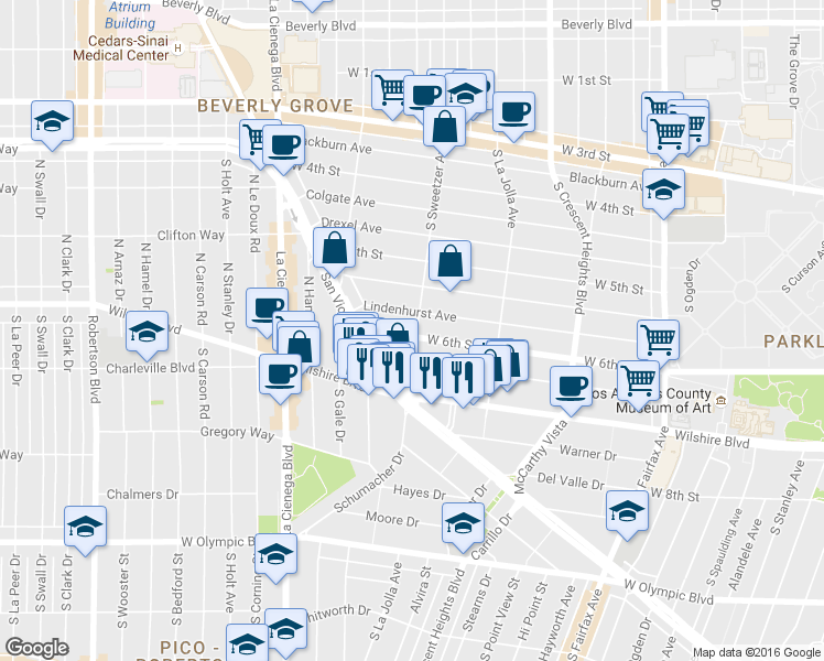 map of restaurants, bars, coffee shops, grocery stores, and more near 6603 West 6th Street in Los Angeles