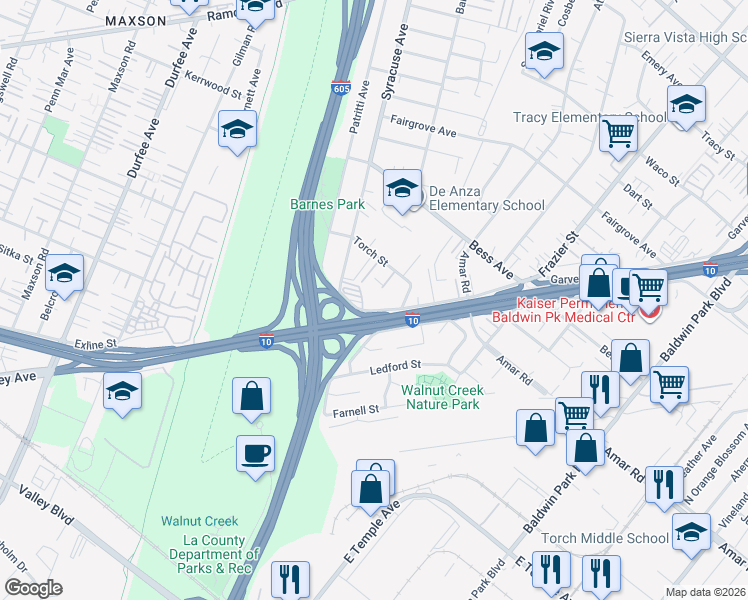 map of restaurants, bars, coffee shops, grocery stores, and more near 12767 Garvey Ave in Baldwin Park