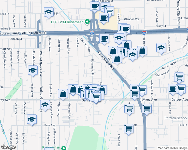 map of restaurants, bars, coffee shops, grocery stores, and more near 3235 Sullivan Avenue in Rosemead