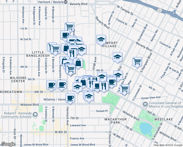 map of restaurants, bars, coffee shops, grocery stores, and more near 411 South Virgil Avenue in Los Angeles