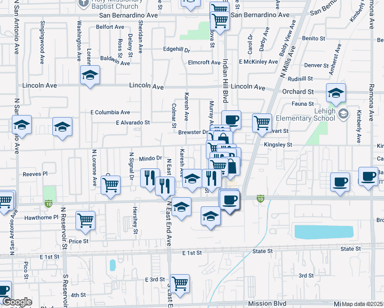map of restaurants, bars, coffee shops, grocery stores, and more near 1377 Abbey Lane in Pomona