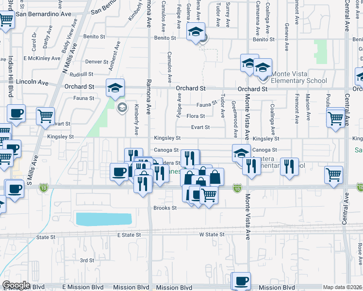 map of restaurants, bars, coffee shops, grocery stores, and more near 4632 Canoga Street in Montclair