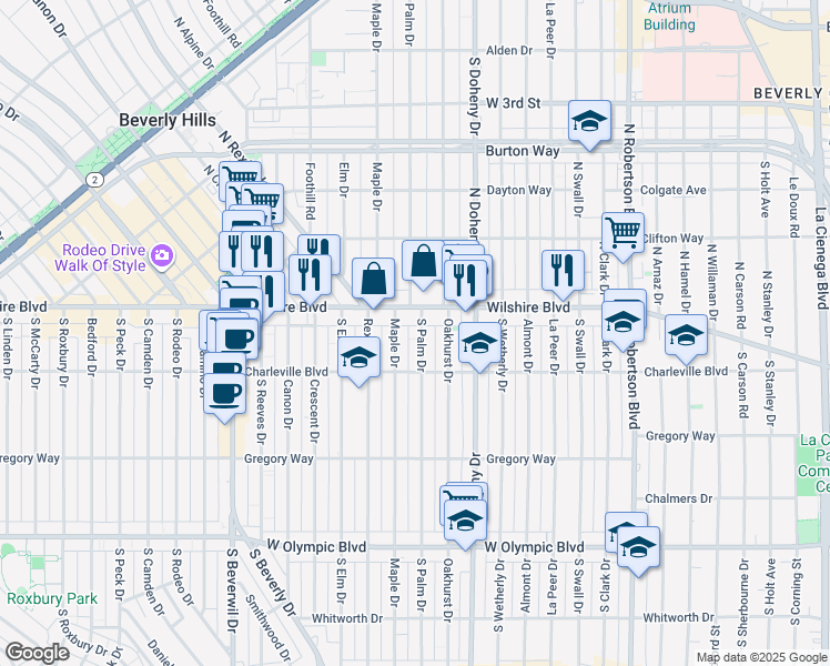 map of restaurants, bars, coffee shops, grocery stores, and more near 121 South Palm Drive in Beverly Hills