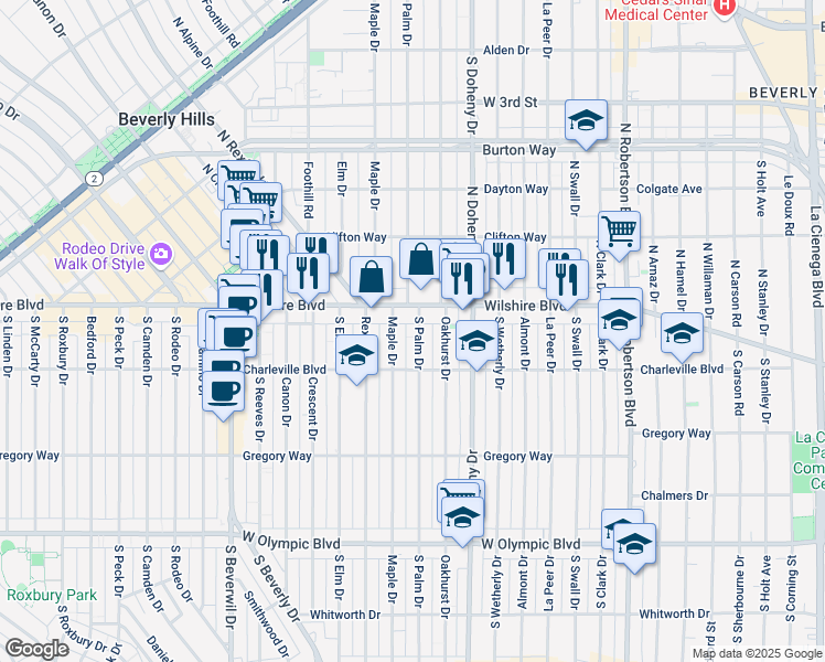 map of restaurants, bars, coffee shops, grocery stores, and more near 121 South Palm Drive in Beverly Hills