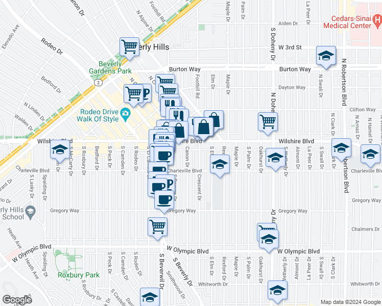 map of restaurants, bars, coffee shops, grocery stores, and more near 124 South Canon Drive in Beverly Hills