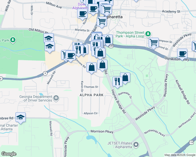 map of restaurants, bars, coffee shops, grocery stores, and more near 11700 Haynes Bridge Road in Alpharetta