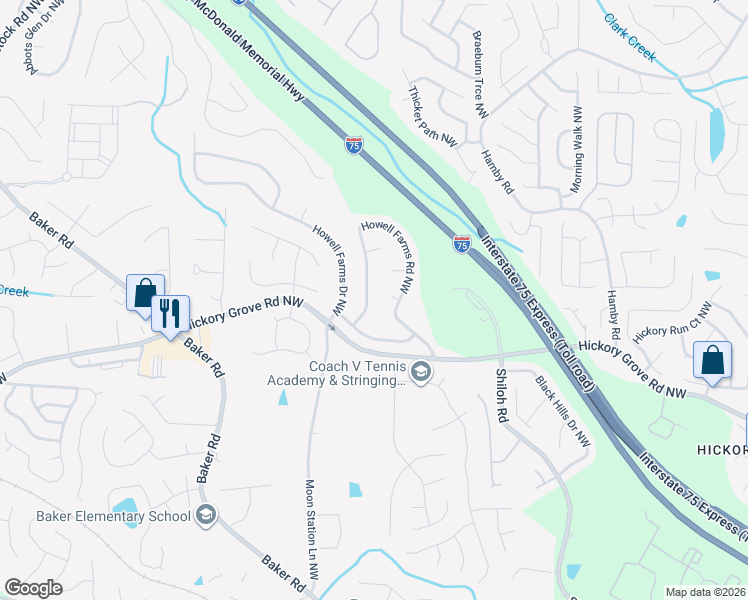map of restaurants, bars, coffee shops, grocery stores, and more near 4509 Howell Farms Road Northwest in Acworth