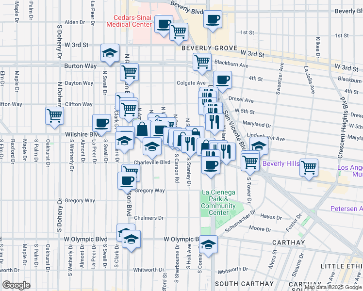 map of restaurants, bars, coffee shops, grocery stores, and more near 8619 Wilshire Boulevard in Beverly Hills