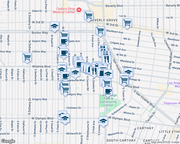 map of restaurants, bars, coffee shops, grocery stores, and more near 8619 Wilshire Boulevard in Beverly Hills