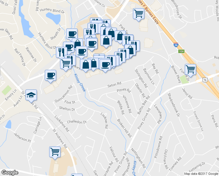 map of restaurants, bars, coffee shops, grocery stores, and more near 817 Seton Road in Columbia