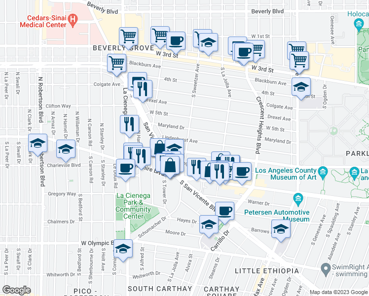 map of restaurants, bars, coffee shops, grocery stores, and more near 6603 West 6th Street in Los Angeles