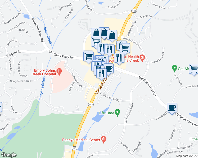 map of restaurants, bars, coffee shops, grocery stores, and more near 11720 Medlock Bridge Road in Johns Creek