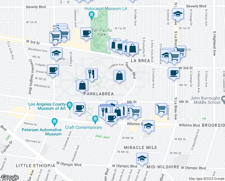 map of restaurants, bars, coffee shops, grocery stores, and more near 430 South Fuller Avenue in Los Angeles