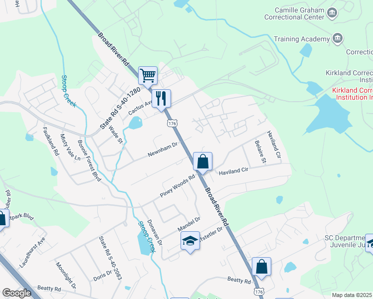 map of restaurants, bars, coffee shops, grocery stores, and more near 4444 Broad River Road in Columbia