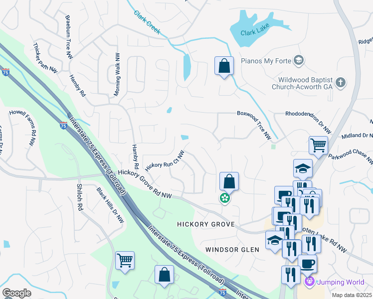 map of restaurants, bars, coffee shops, grocery stores, and more near 1800 Crescent Hill Drive Northwest in Acworth
