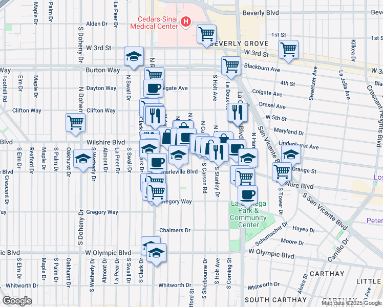 map of restaurants, bars, coffee shops, grocery stores, and more near Wilshire Boulevard & North Willaman Drive in Beverly Hills