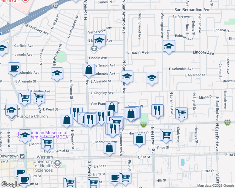 map of restaurants, bars, coffee shops, grocery stores, and more near 760 East Kingsley Avenue in Pomona