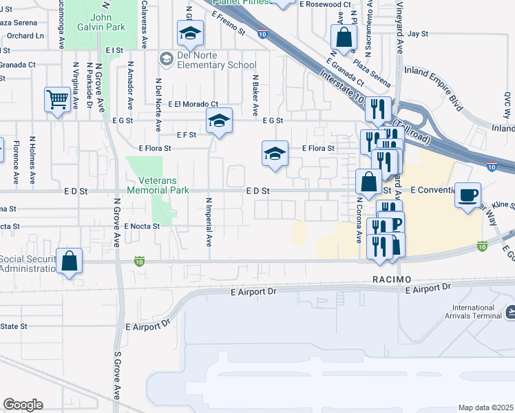 map of restaurants, bars, coffee shops, grocery stores, and more near 336 North Baker Privado in Ontario