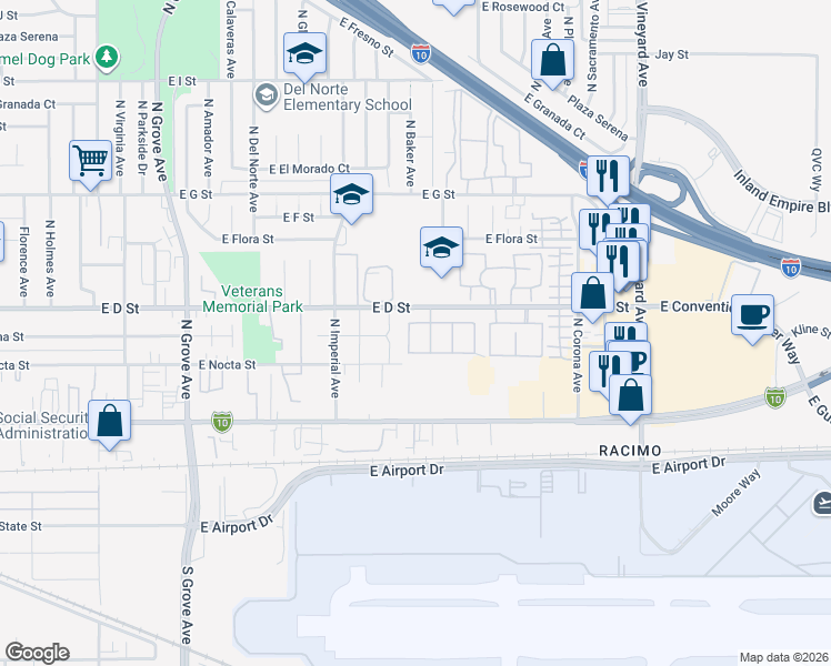 map of restaurants, bars, coffee shops, grocery stores, and more near 336 North Baker Privado in Ontario
