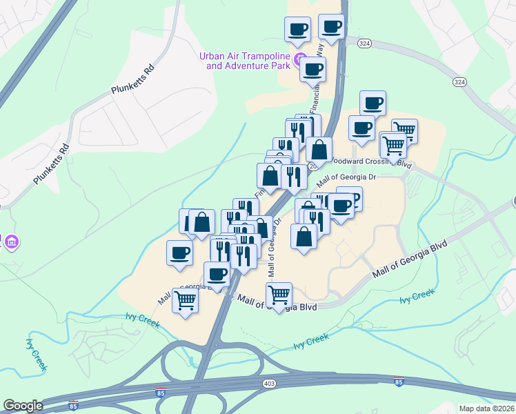 map of restaurants, bars, coffee shops, grocery stores, and more near 3250 Buford Drive Northeast in Buford
