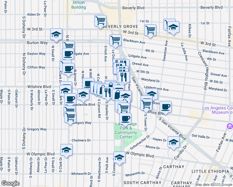 map of restaurants, bars, coffee shops, grocery stores, and more near 124 Le Doux Road in Beverly Hills
