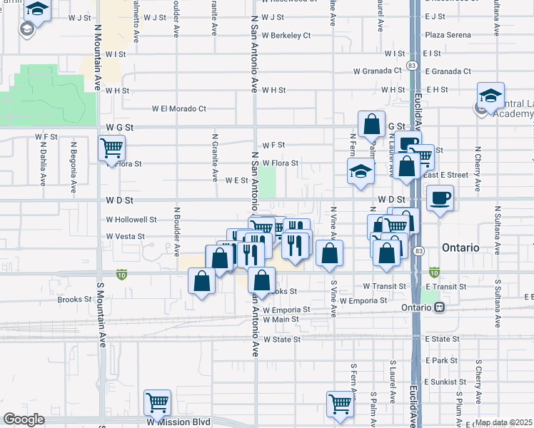 map of restaurants, bars, coffee shops, grocery stores, and more near 306 North San Antonio Avenue in Ontario