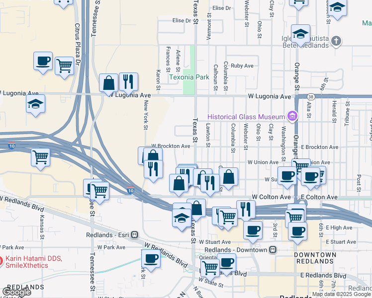 map of restaurants, bars, coffee shops, grocery stores, and more near 1034 Glenn Court in Redlands